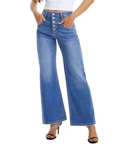 ONESO Womens Wide Leg Jeans Classic Blue High Waisted Button Fly Stretchy Flared Jeans for Women Trendy Baggy Denim Pants Size 10 | Amazon (US)