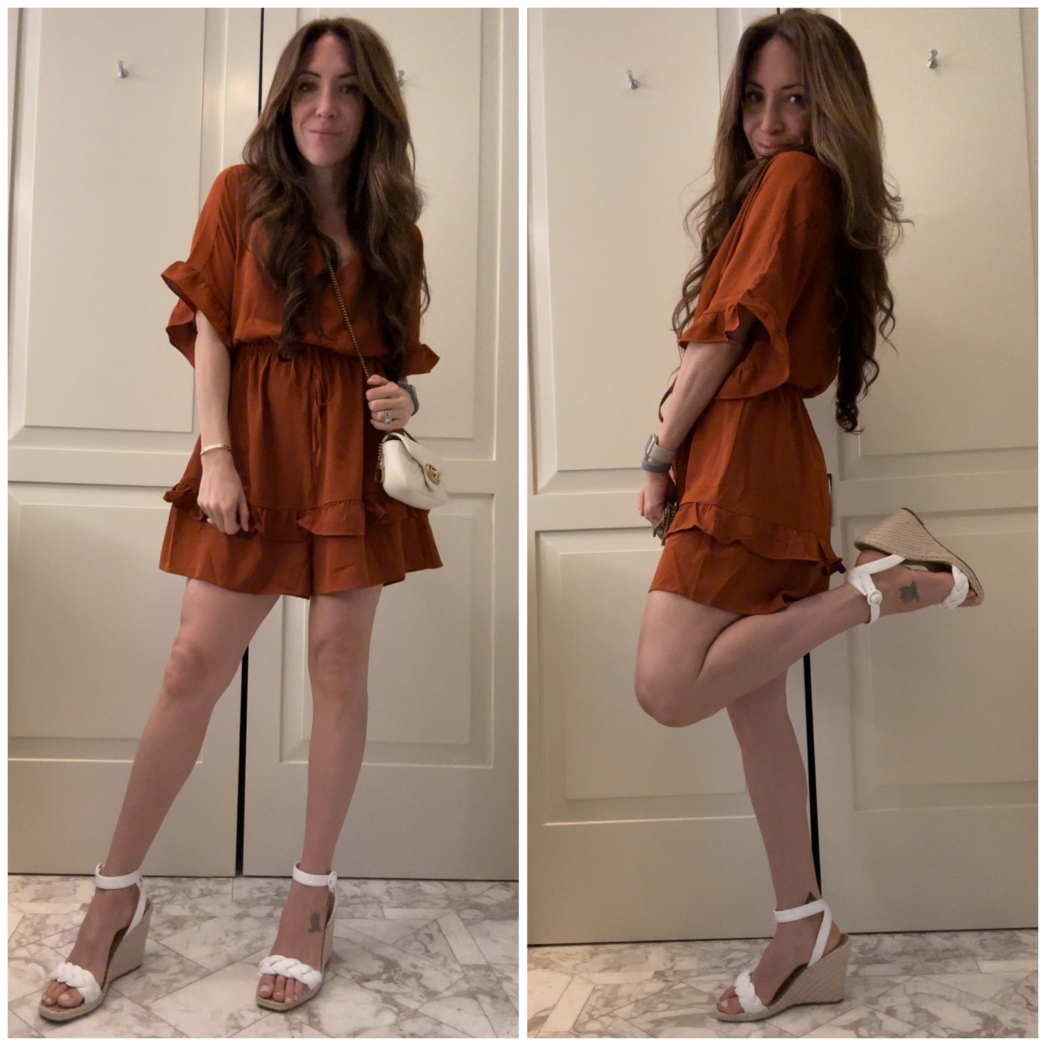 Love this Amazon find for our Bahamian vacation! Wearing a dark orange romper, white braided wedges, mini white Gucci bag  