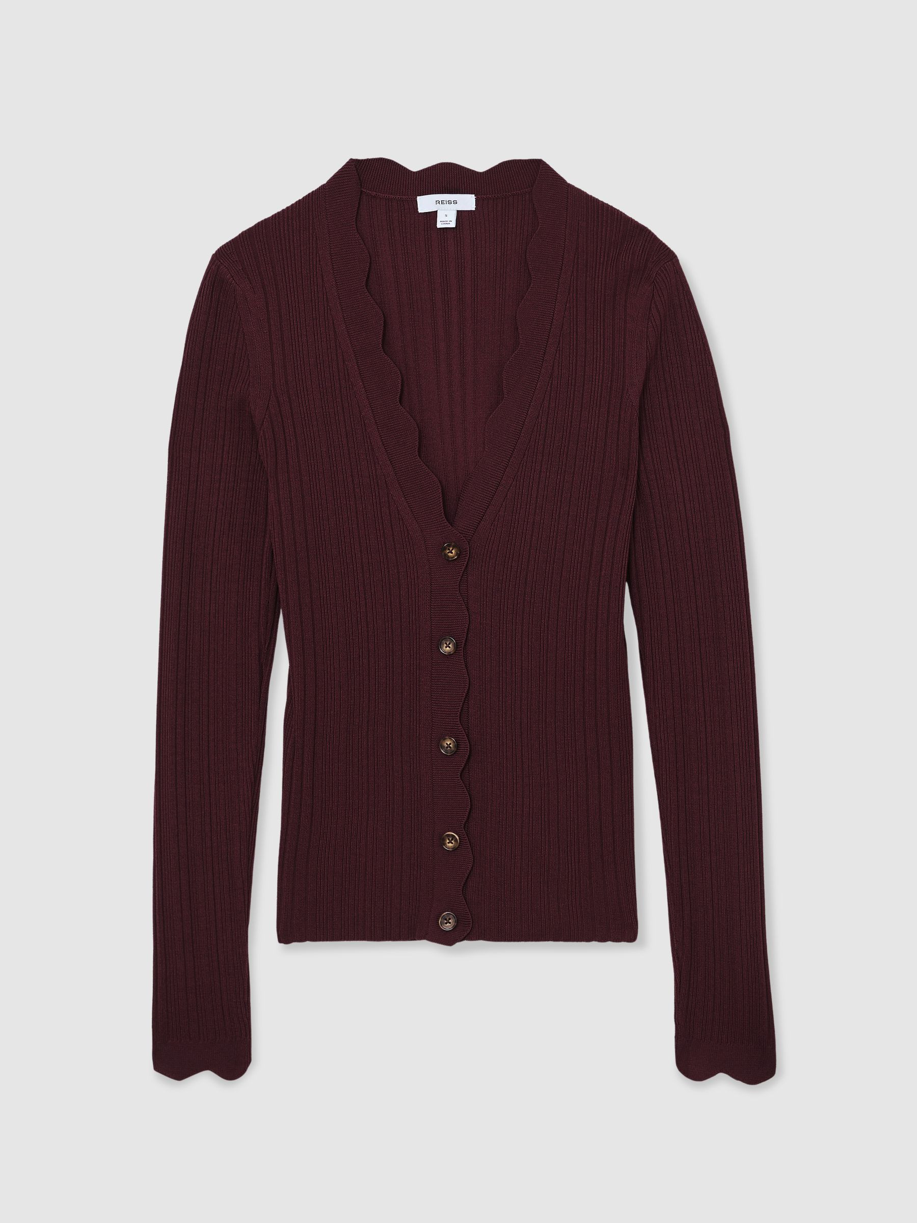 Reiss Rib-Knit Scallop-Trim Cardigan in Burgundy - REISS | Reiss UK
