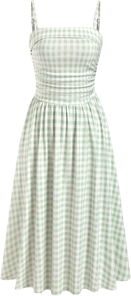 CIDER Women's Summer Gingham Midi Dress Sleeveless Ruched Plaid Dress Spaghetti Strap Dresses Cas... | Amazon (US)