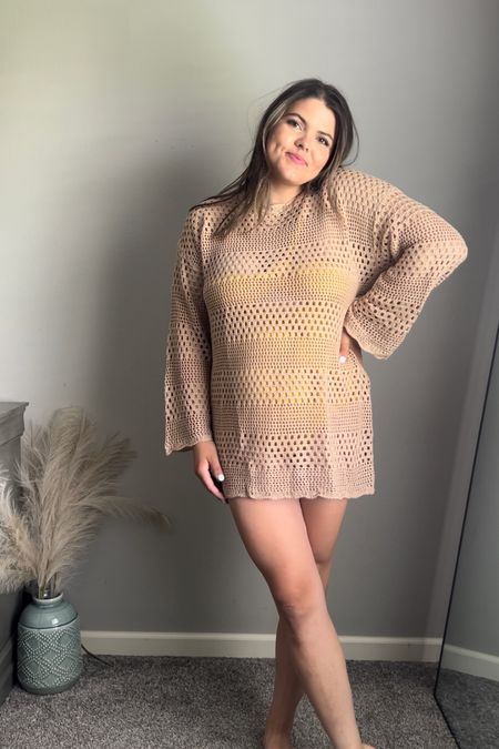 Amazon knit crochet, long sleeve swimsuit, cover-up, size large. One piece, one shoulder swimsuit underneath is from target size large as well. 

#LTKcurves #LTKtravel #LTKswim