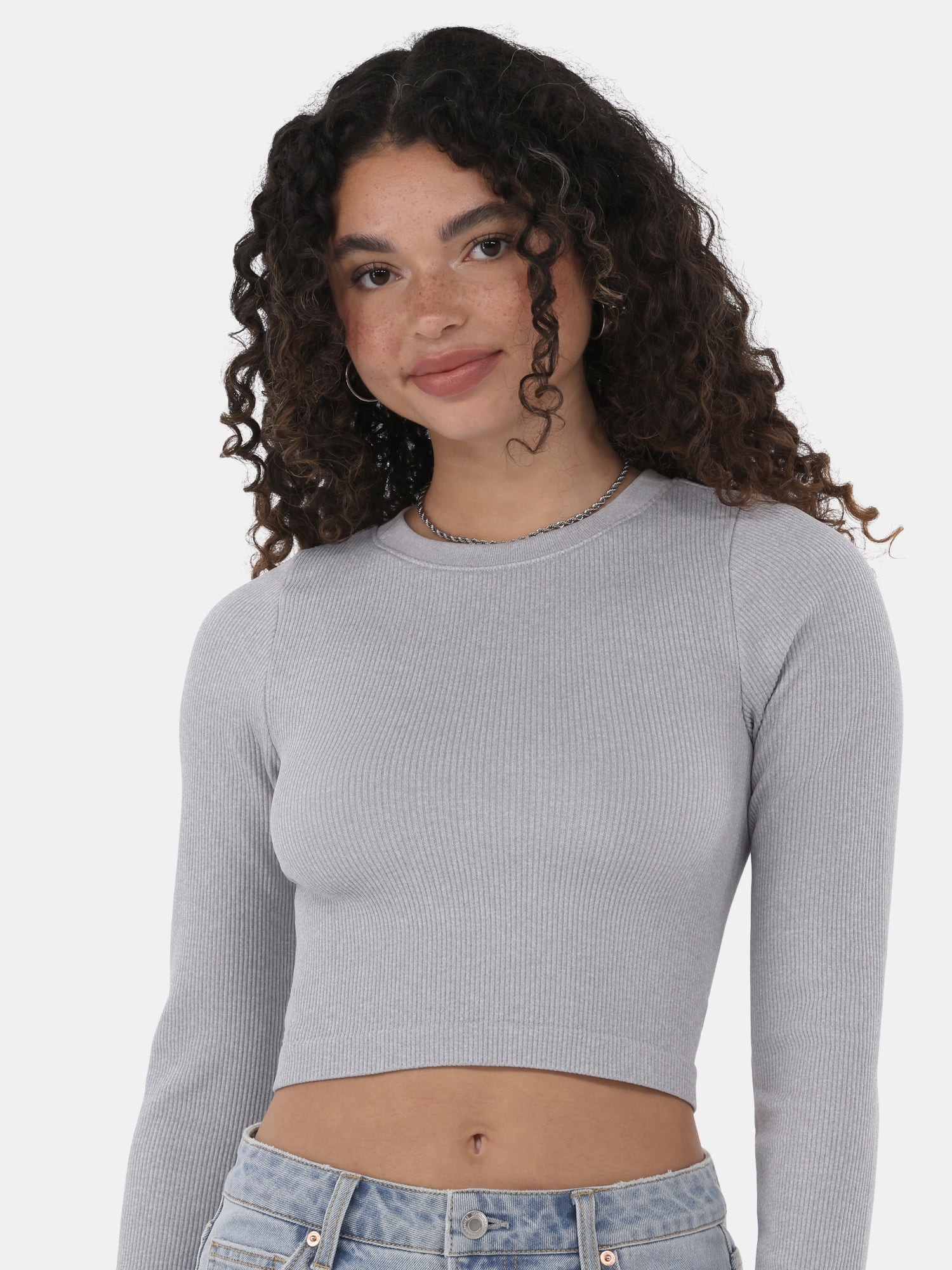 No Boundaries Seamless Ribbed Tee with Long Sleeves, Women's | Walmart (US)