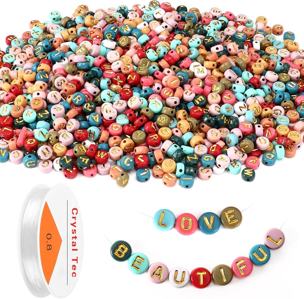 Colored Letter Beads, DECYOOL 1900Pcs 4×7mm Colorful Gold Acrylic Alphabet Beads with 1 Roll Ela... | Amazon (US)
