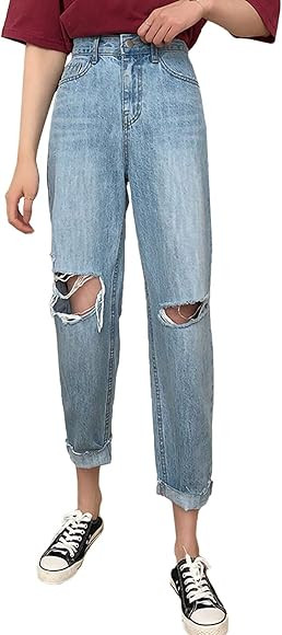 Anna-Kaci Women Jeans High Waisted Frayed Ripped Knee Distressed Loose Denim Pants | Amazon (US)
