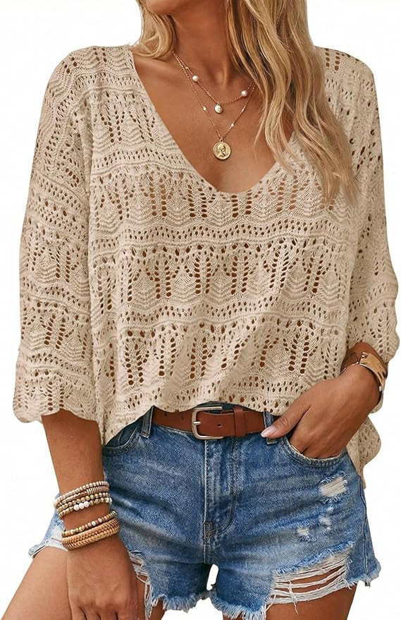 Saodimallsu Womens Crochet Cover Up Tops 3/4 Sleeve V Neck Summer Boho Knit Beach Coverups 2026 R... | Amazon (US)