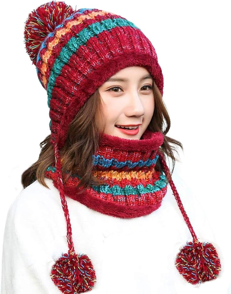 Women Winter Beanie Hat Circle Scarf Set Pompoms Peruvian Ski Snow Ear Flaps Cold Weather Warm Sh... | Amazon (US)