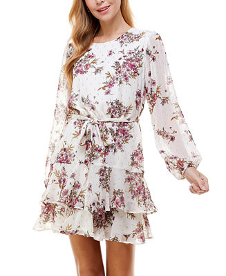 Juniors' Floral Belted Tiered Dress | Macys (US)