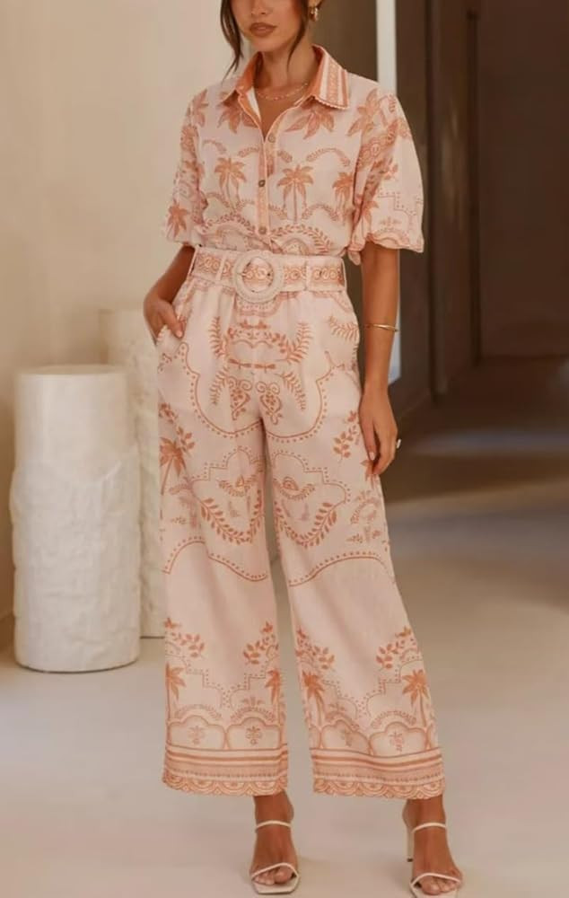 Women Graphic 2 Piece Pants Outfit,Short Sleeved Shirt, Wide Leg Pants, Vacation Beach Wear, Home Clothes | Amazon (US)