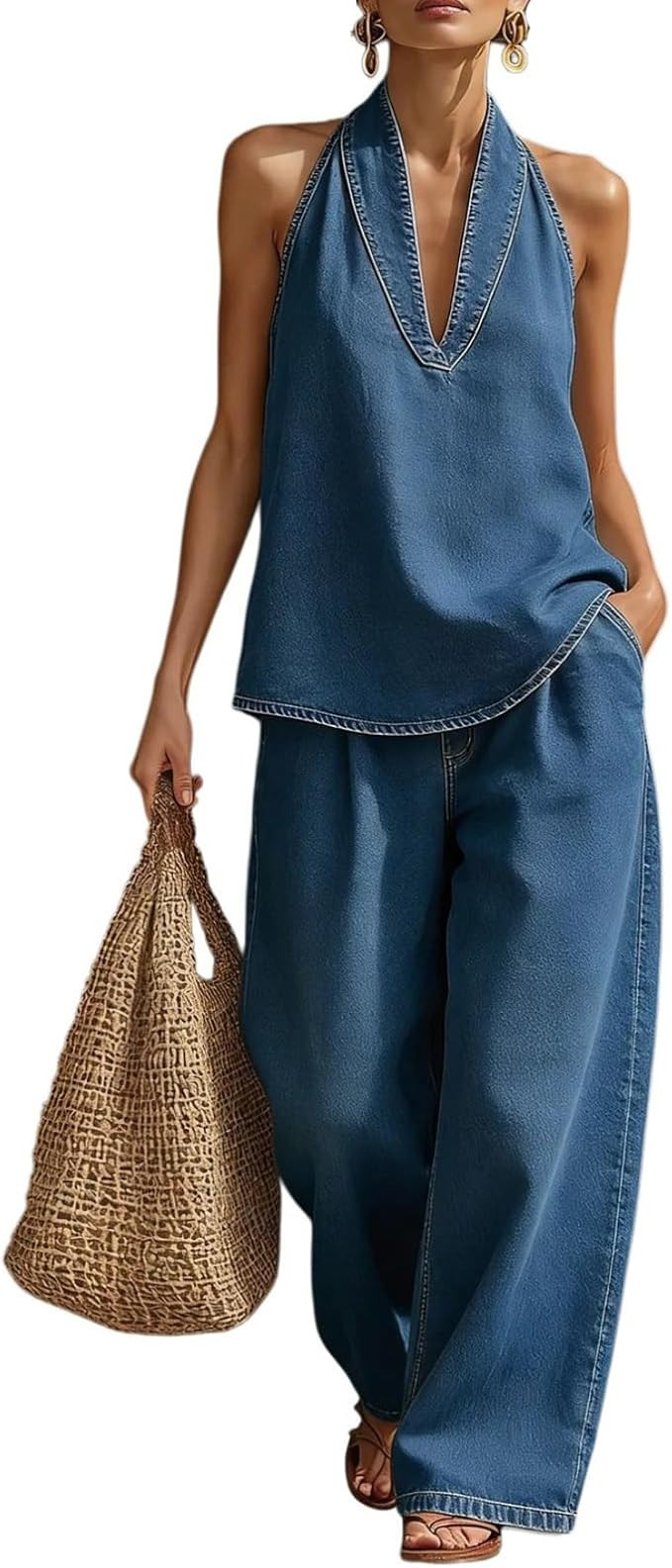2 Piece Denim Outfit for Women Jean Set Trendy Halter Vest Top Matching Wide Leg Pants Sets Beach... | Amazon (US)