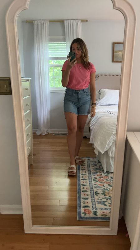 Today’s everyday classic style mom outfit! I’m 5’10 and wearing a medium in the tee (this color is sold out but there are tons of other colors available, I own in several colors!), these shorts are mid-length which I love because I’m tall, wearing my normal size 29, they do have some stretch which is nice. Also linking a similar pair from JCrew factory that I own and love! Lastly, these slides are sooo comfortable and I wear them everyday. Everything is on sale!! 🤍 

#LTKStyleTip #LTKSeasonal #LTKSaleAlert