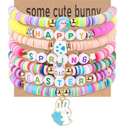 7Pcs Easter Bunny Basket Gifts Bracelet, Easter Gifts for Girls Women Stackable Boho Clay Party Elastic Stretch Bracelets | Amazon (US)