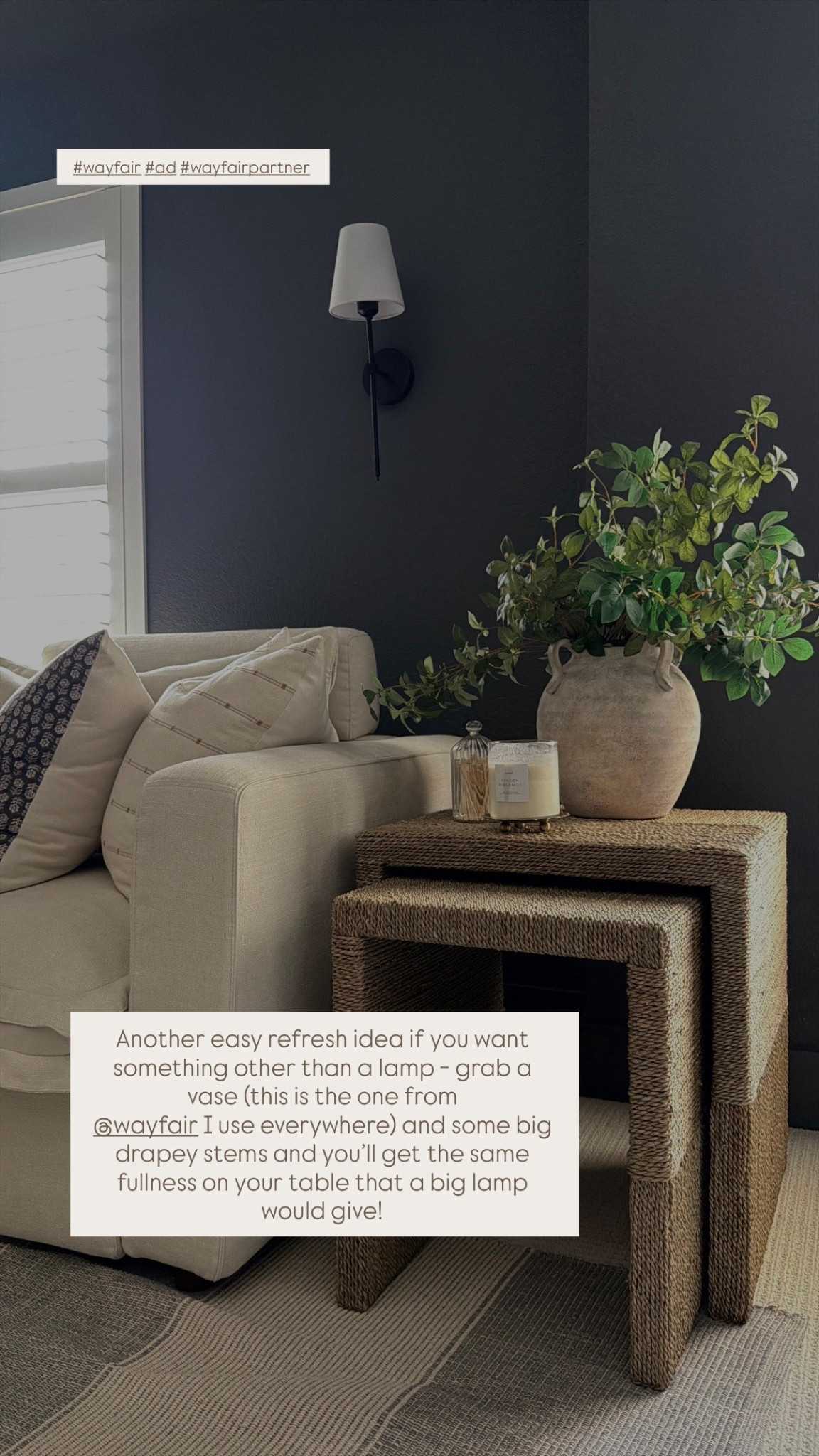 #ad A big vase and some drapey stems is another one of my favorite ways to refresh an end table without spending a ton! This vase is my all time favorite from
@wayfair and it works so well anywhere 🤌 #wayfair #wayfairpartner 

#LTKHome #LTKSeasonal