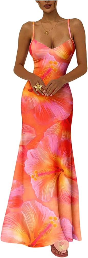 Floerns Women's Floral Spaghetti Strap Maxi Dress Tie Backless Fishtail Beach Dresses | Amazon (US)