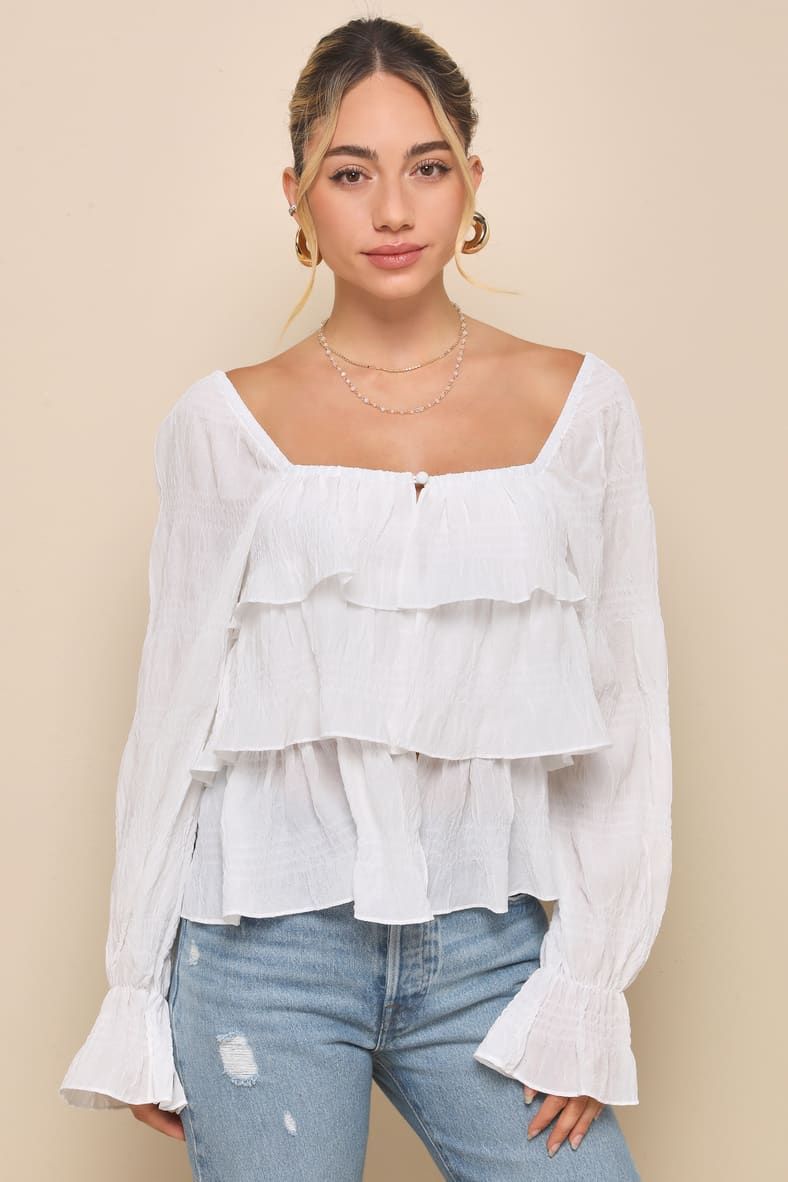 Tier Decadence Ivory Tiered Ruffled Long Sleeve Button-Up Top | Lulus