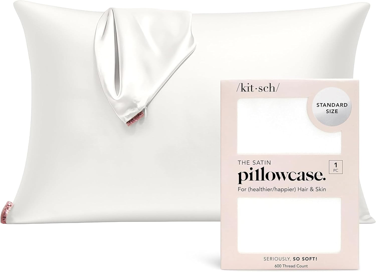 Kitsch Satin Pillowcase with Zipper for Hair & Skin, Softer Than Silk Pillow Cases Standard Size, Wrinkle-Free, Smooth and Cooling Satin Pillow Covers, 19"x26" - Ivory | Amazon (US)