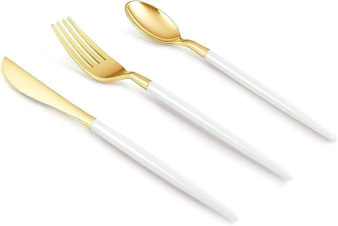 150 PCS White Gold Plastic Utensils for 50 Guests, Gold Disposable Silverware with 50 Knives, 50 ... | Amazon (US)