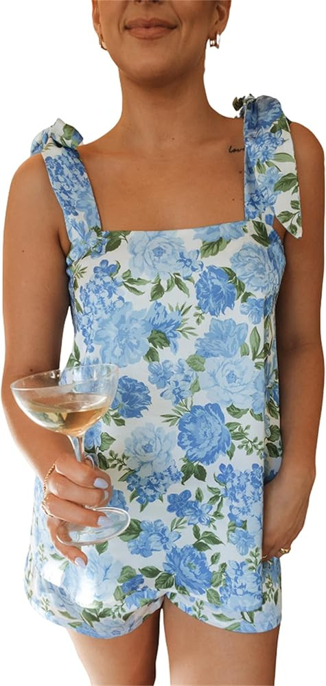 Women Floral Tie Shoulder Pajamas Set 2 Piece Casual Outfits Sleeveless Tie up Flower Tops Shorts... | Amazon (US)