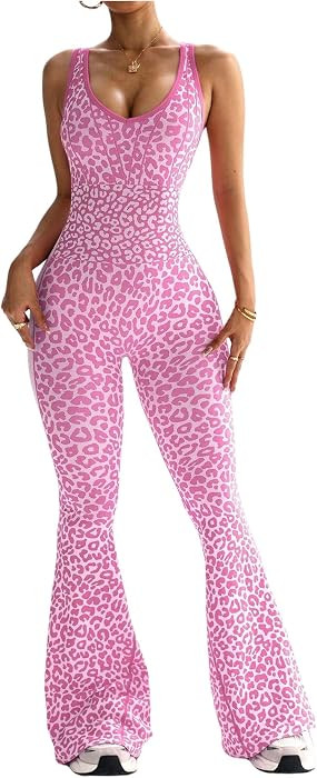 Verdusa Women's Cheetah Print Workout Sets Yoga Flared Pants Jumpsuits | Amazon (US)