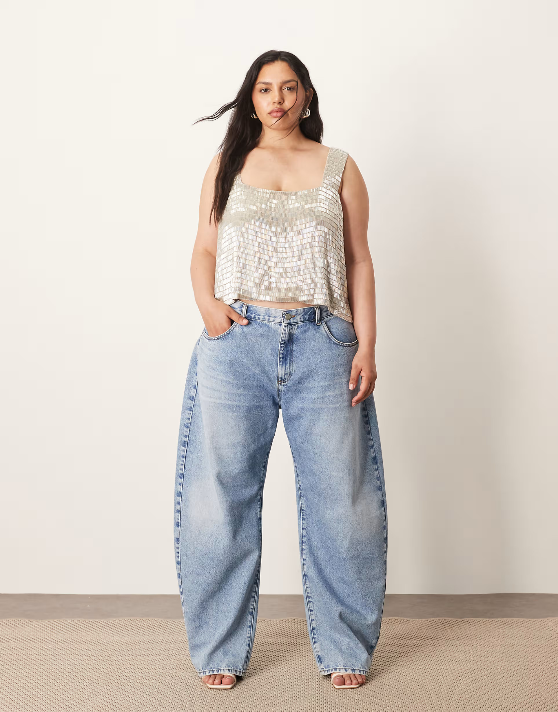 ARRANGE Curve Tova tapered curved leg jeans with cuffed hem in light wash | ASOS (Global)