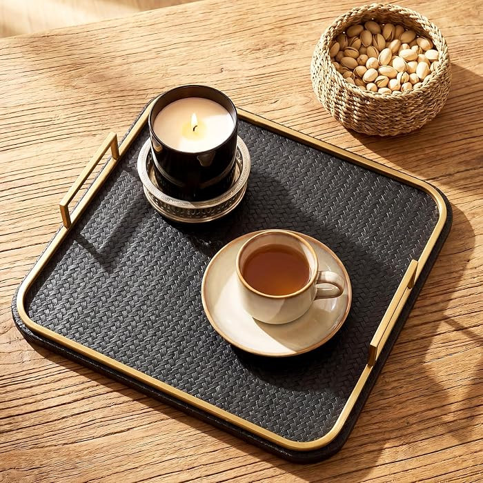 LemonRoad Vegan Leather Serving Tray with Gold Handles Square Ottoman Coffee Table Tray Woven Tex... | Amazon (US)
