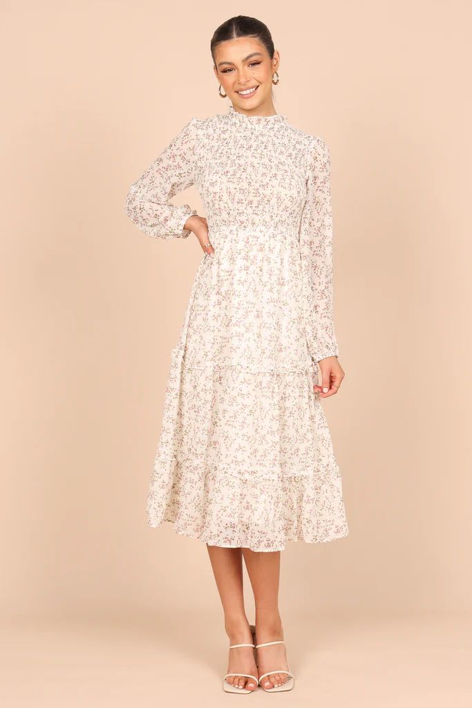 Edwina Shirred Frill Long Sleeve Midi Dress - Cream Floral | Petal & Pup (US)