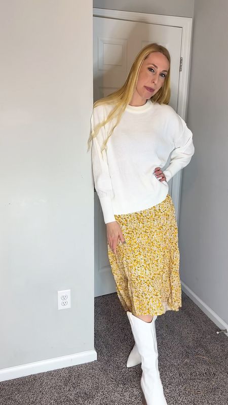 A perfect spring outfit 
Lightweight sweater, flowy skirt and cowgirl boots
Wearing size small in the skirt and sweater 
Size 9 in the boots 

#LTKshoecrush #LTKVideo #LTKfindsunder50
