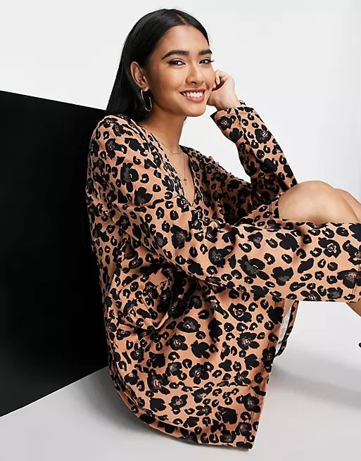 ASOS DESIGN long sleeve smock mini dress with buttons in leopard print | ASOS (Global)