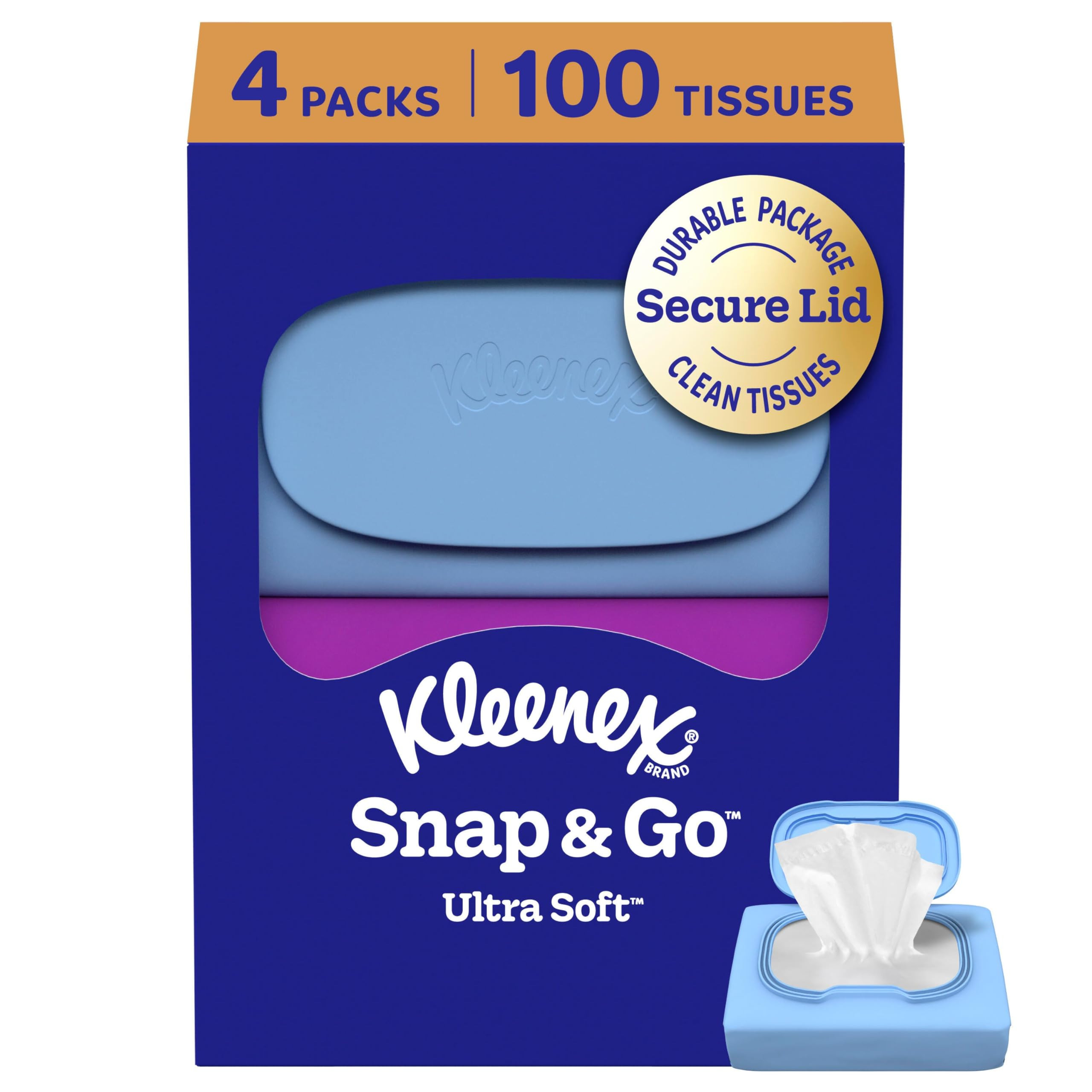 Kleenex Snap & Go Ultra Soft Facial Tissues, 4 On-the-Go Packs, 25 Tissues per Pack, 3-Ply, Packa... | Amazon (US)