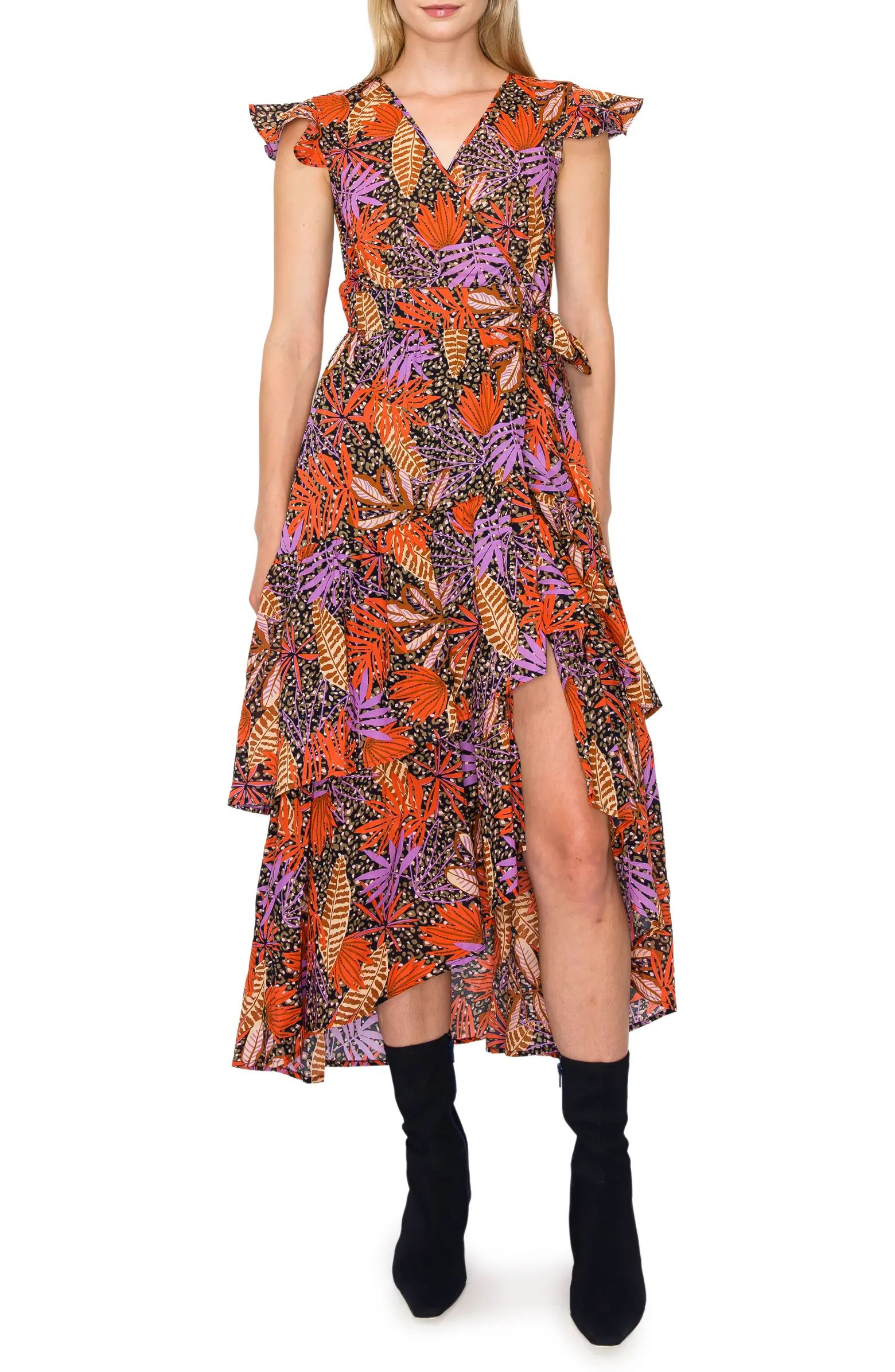 Floral Print Flutter Sleeve Faux Wrap Midi Dress | Nordstrom