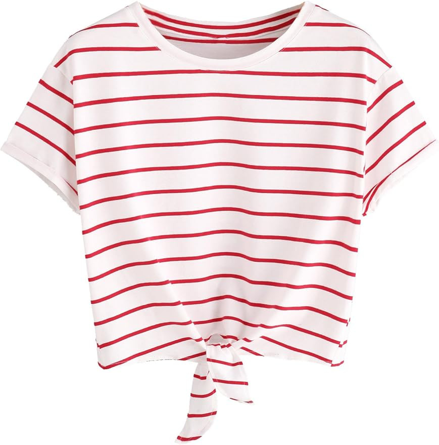Romwe Women's Knot Front Cuffed Sleeve Striped Crop Top Tee T-Shirt | Amazon (US)