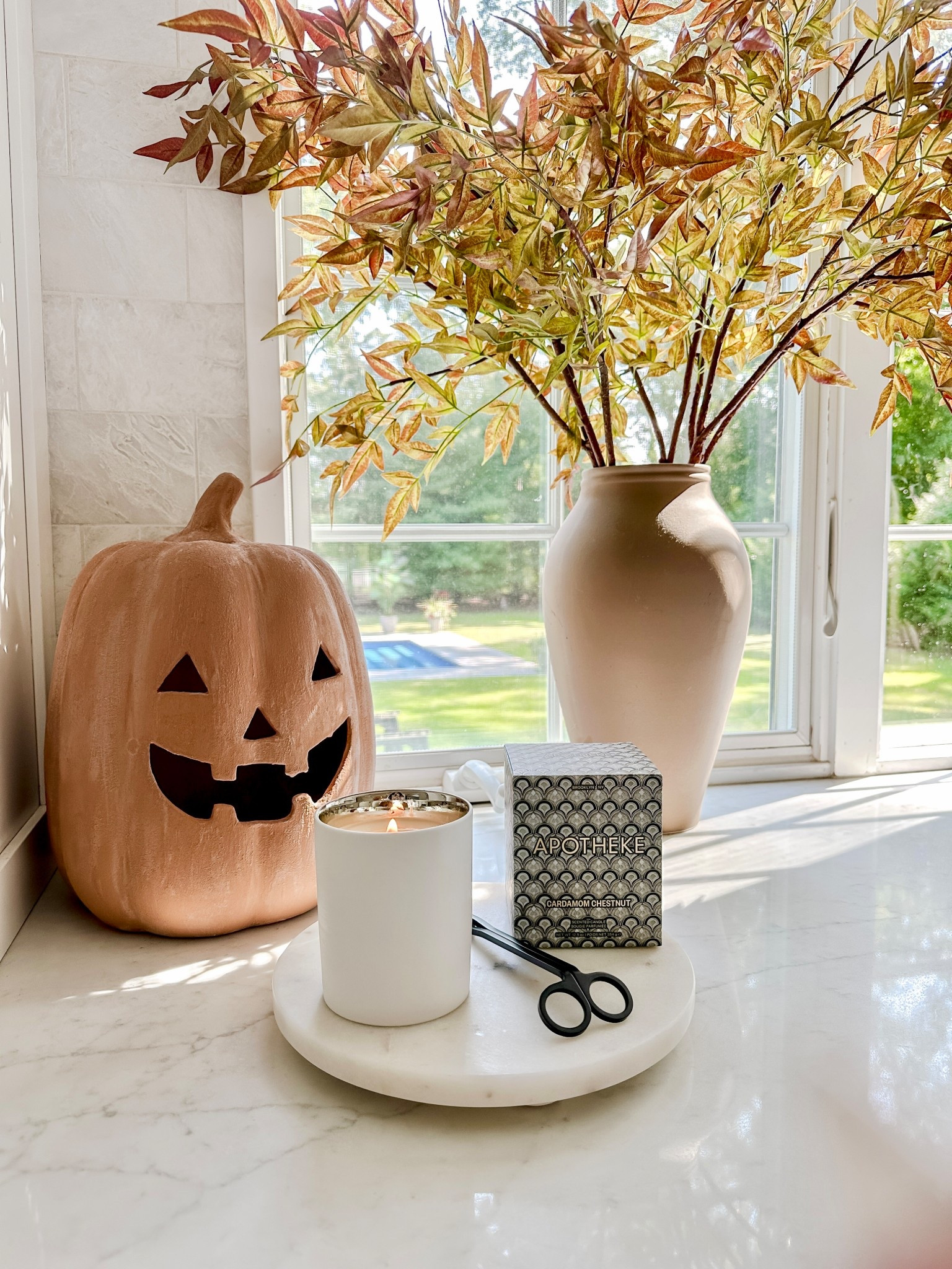 Autumn 🍂 inspired scented candle and decor.

Shown: vase, faux fall branches, refinished Jack-o-lantern pumpkin, marble riser tray, black candle wick trimmer, cardamom chestnut candle. 


#LTKHome #LTKSeasonal #LTKStyleTip