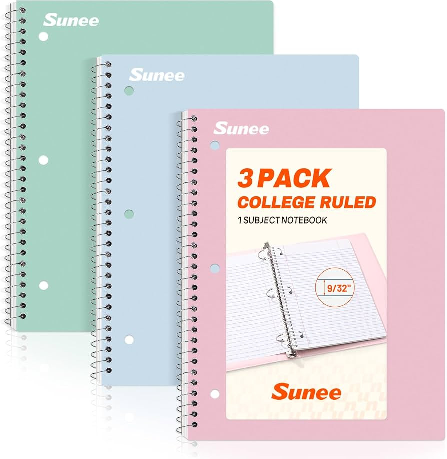 SUNEE Spiral Notebooks, 3 Pack, 1-Subject, College Ruled Paper, 8" x 10-1/2", 70 Sheets per Noteb... | Amazon (US)