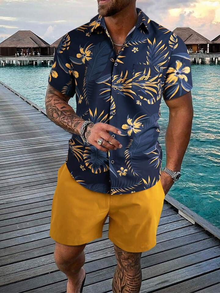 Manfinity RSRT Men Tropical Print Shirt & Drawstring Waist Shorts Without Tee | SHEIN