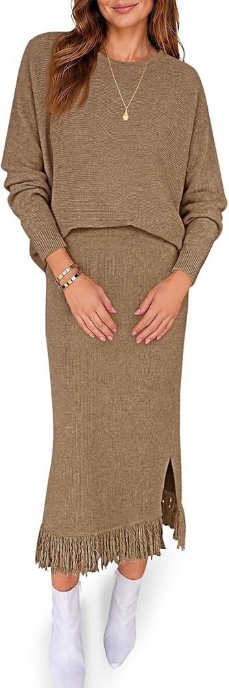Saodimallsu Womens 2 Piece Skirt Set Fringe Side Slit Winter Sweater Set | Amazon (US)
