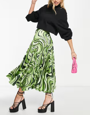 ASOS DESIGN satin pleated midi skirt in green swirl print  | ASOS | ASOS (Global)