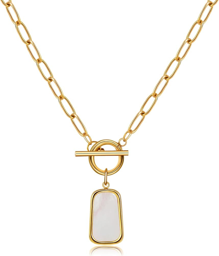 Natural White Sea Shell OT Buckle Long Plate Pendant Necklace For Women Trendy Elegant in Color a... | Amazon (US)