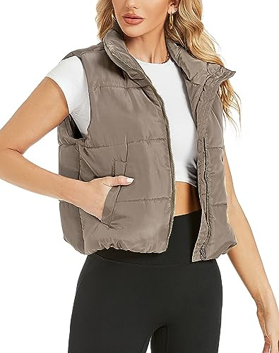 Hount Womens Puffer Vest Sleeveless Winter Outwears Lightweight Zip Up Padded Gilet Jackets with Pockets (L, Khaki) | Amazon (US)