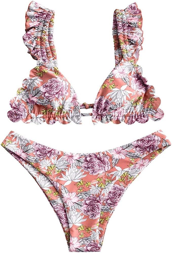 ZAFUL Women Swimsuit V Wired Bathing Suit Floral Tie Reversible Bikini Set | Amazon (US)