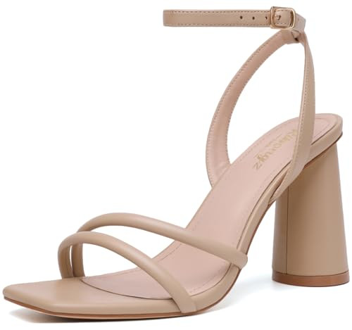 RIBONGZ Nude Strappy High Heels for Women Heeled Sandals Square Open Toe Ankle Strap Chunky Wedding Bridal Shoes Block High Heels for Party Dress 9 | Amazon (US)