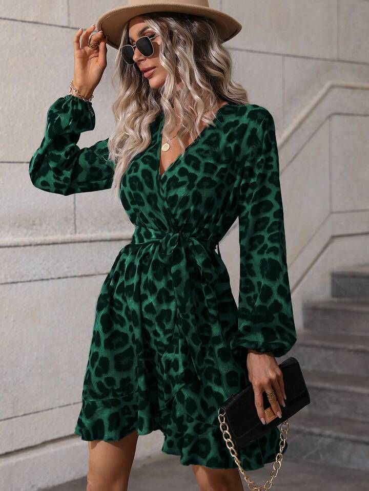 SHEIN LUNE Leopard Print Lantern Sleeve Ruffle Trim Wrap Belted Dress | SHEIN