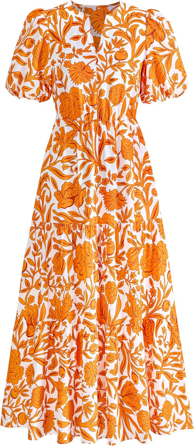 dowerme Womens Summer Dresses 2026 Casual Puff Short Sleeve V Neck Floral Boho Tiered Ruffle Maxi... | Amazon (US)