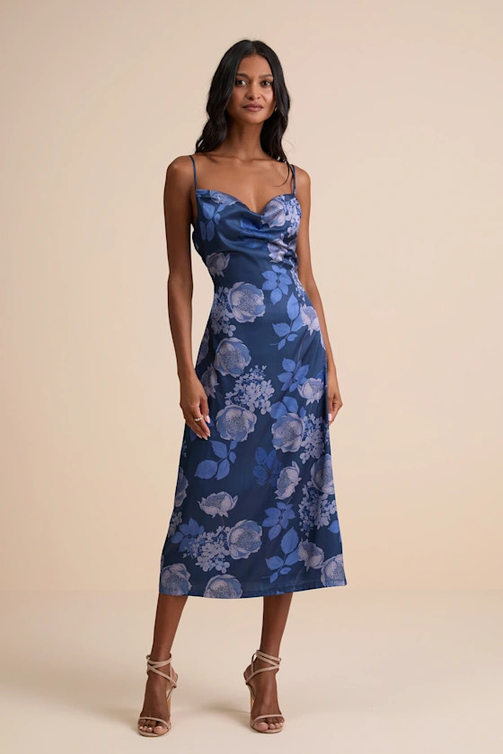 Favorite Icon Dark Blue Floral Satin Cowl Neck Slip Midi Dress | Lulus