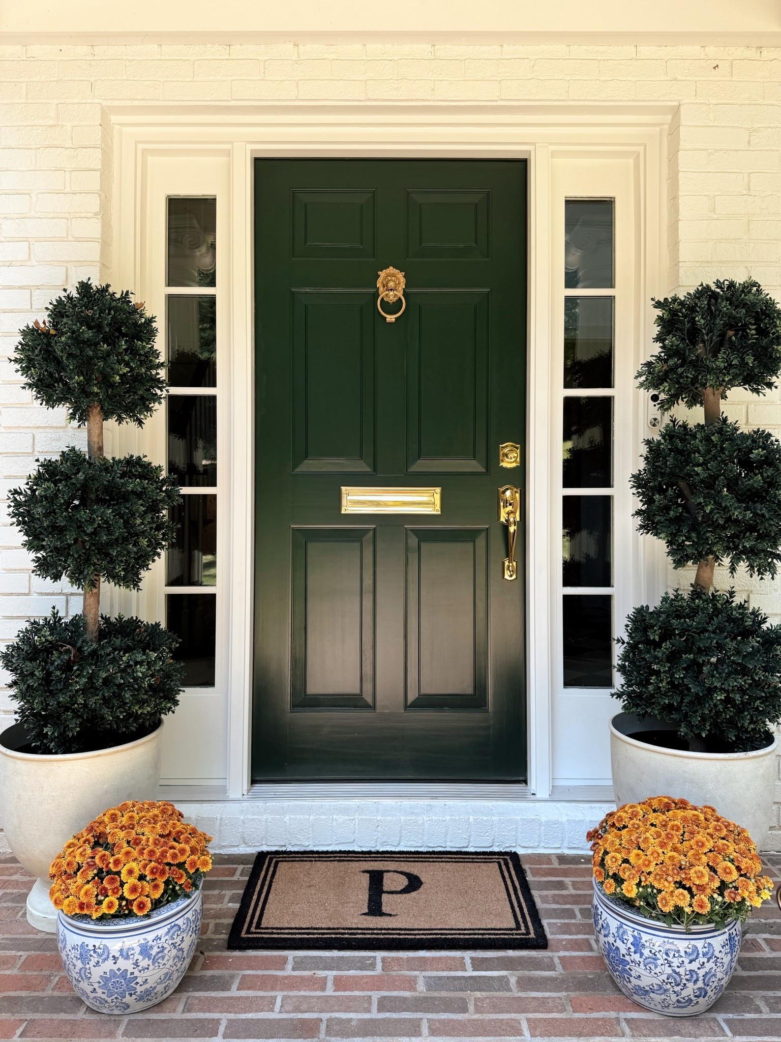 It’s time to prep for our fall front porch! I’ve always wanted to pull in some blue & white pieces with my fall setup and these pots from @wayfair are perfect for it! A new doormat, door accessories and some (faux) topiaries and we’re ready for pumpkins!  #ad #wayfair 