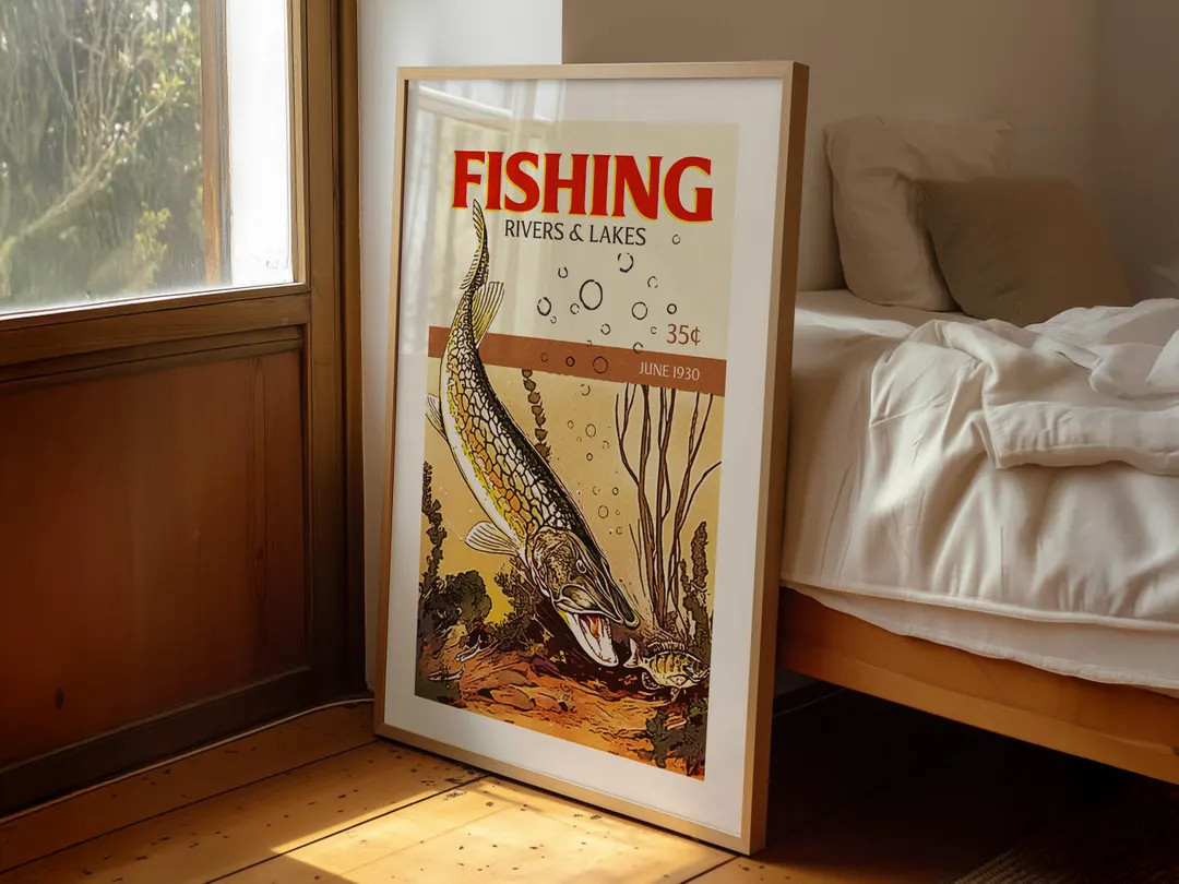 Retro Fishing Poster: Rustic Lake House Wall Art - Etsy | Etsy (US)