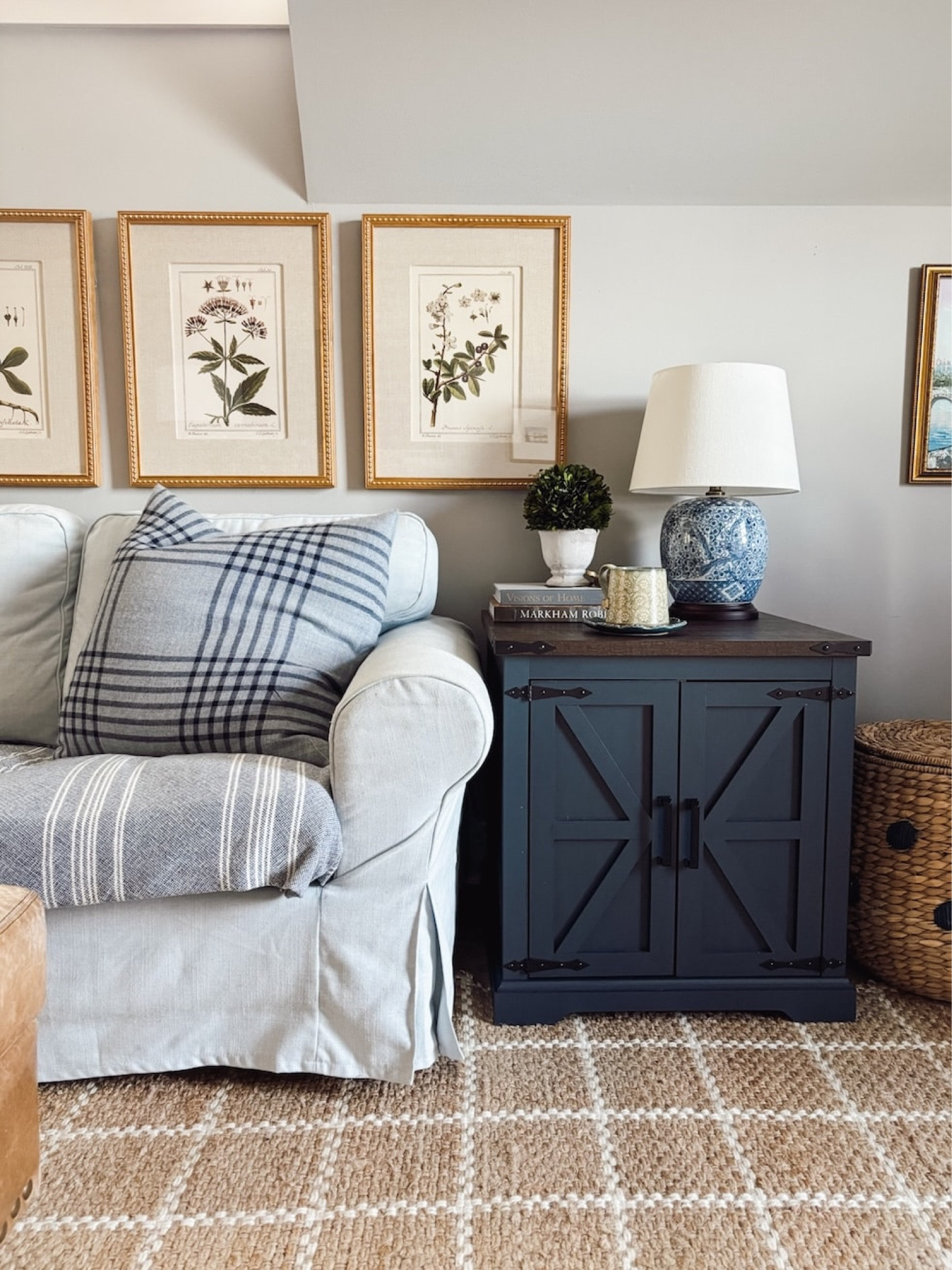 Botanical framed art, blue and white chinoiserie lamp, storage end table with usb and outlets, jute rug 

#LTKSaleAlert #LTKHome #LTKSeasonal