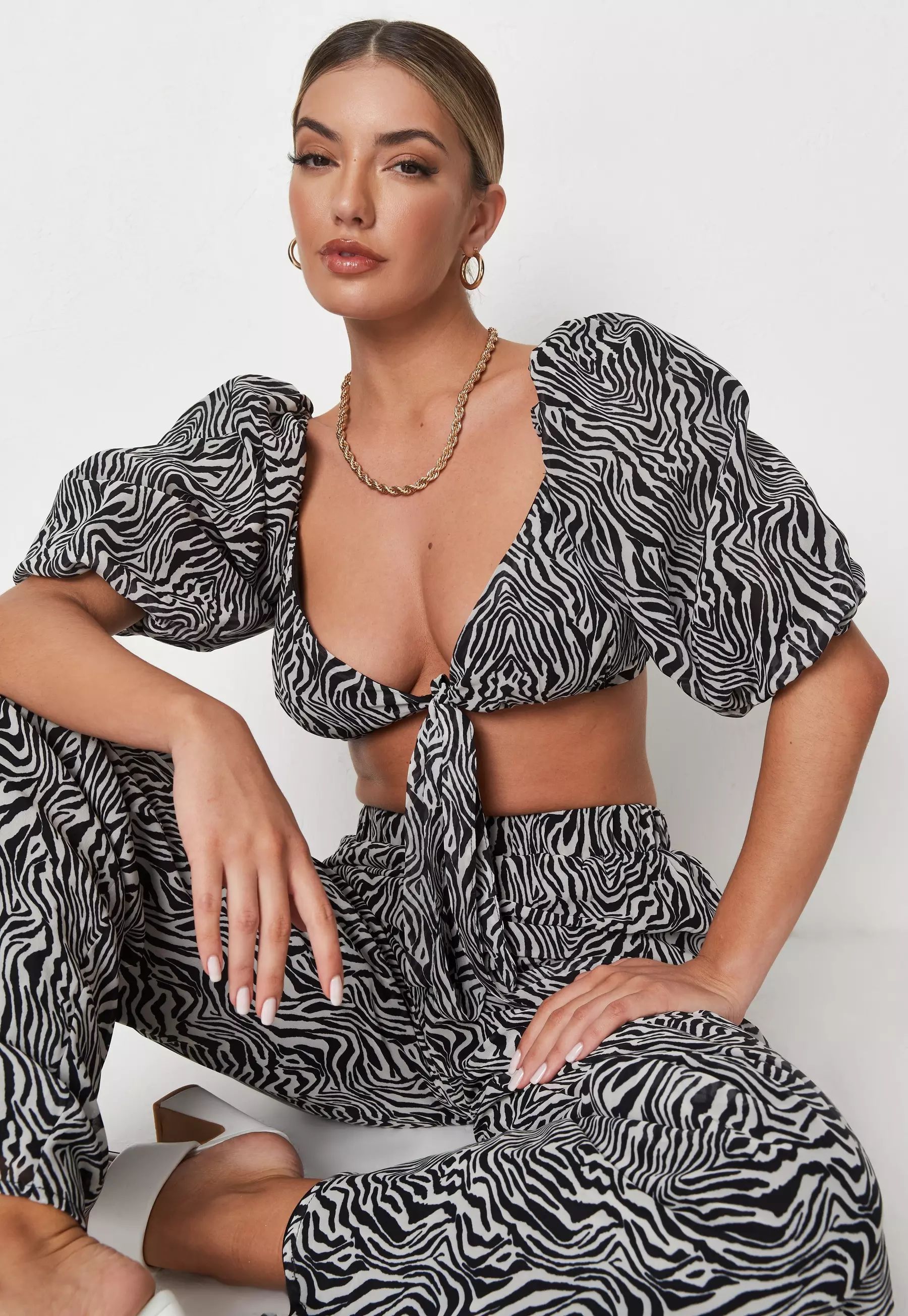 Black Co Ord Zebra Print Tie Front Milkmaid Bralette | Missguided (US & CA)