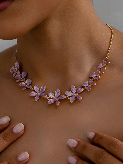 1pc 18K Gold Plated Retro Pink Y2K Enamel Flower Statement Necklace, Perfect For Parties And Fash... | SHEIN