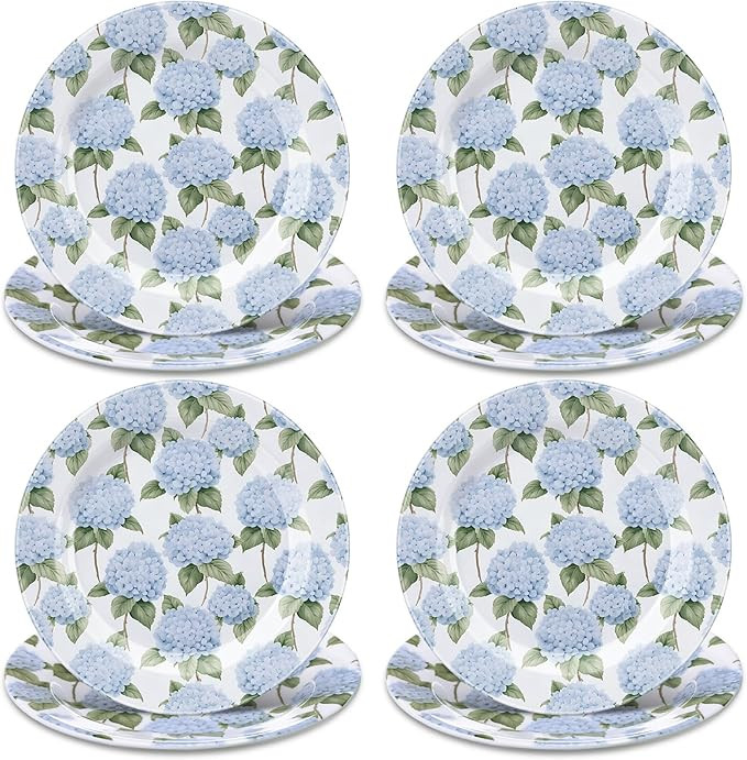 Qinyoung 8 Pcs Hydrangea Dessert Plates 8" Melamine Flower Dinner Plates Plastic Vintage Floral D... | Amazon (US)