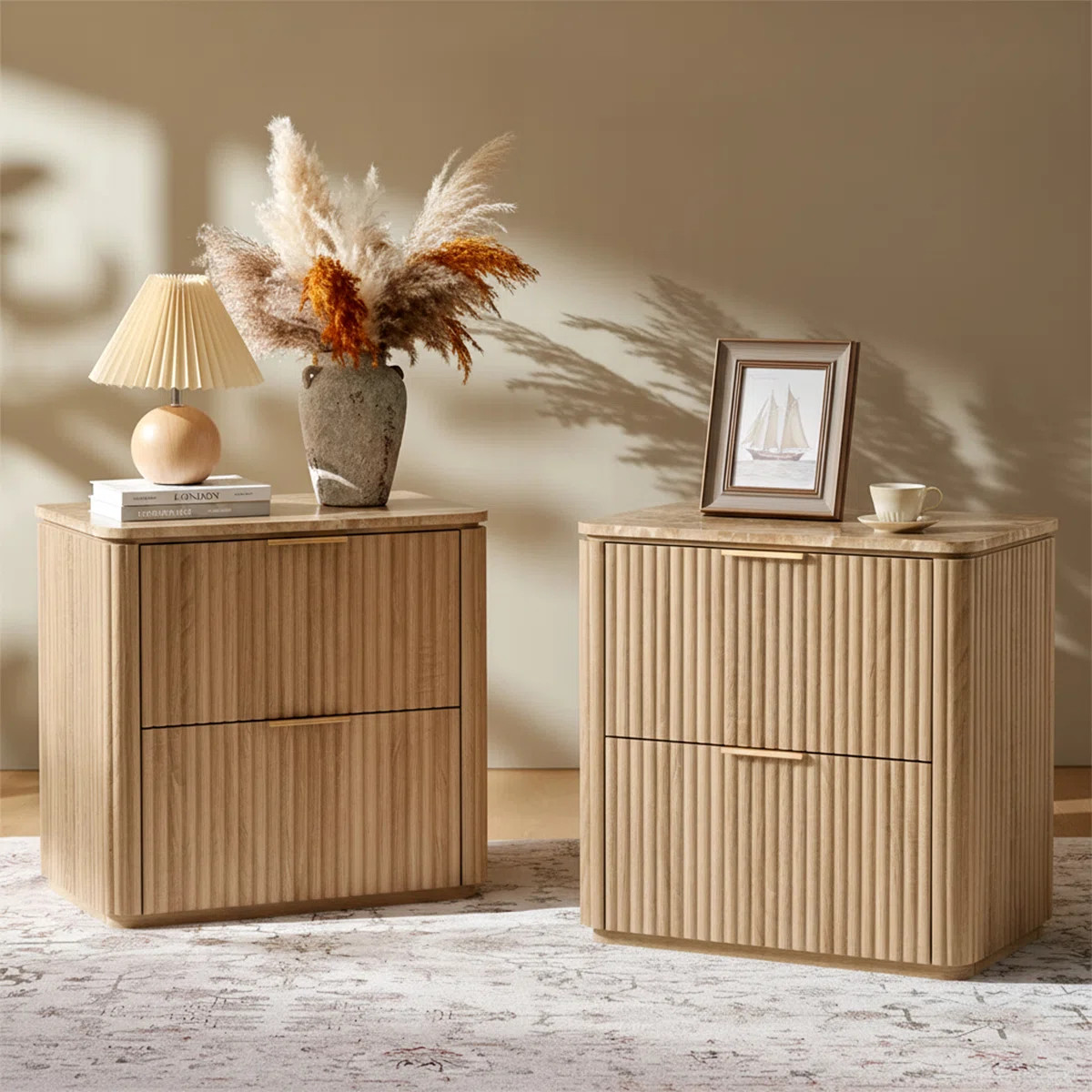 Nightstand Set of 2 with 2-Drawer, Wood  Fluted Bedside Table with 1.97"-Thick Side Panels and Fa... | Wayfair North America