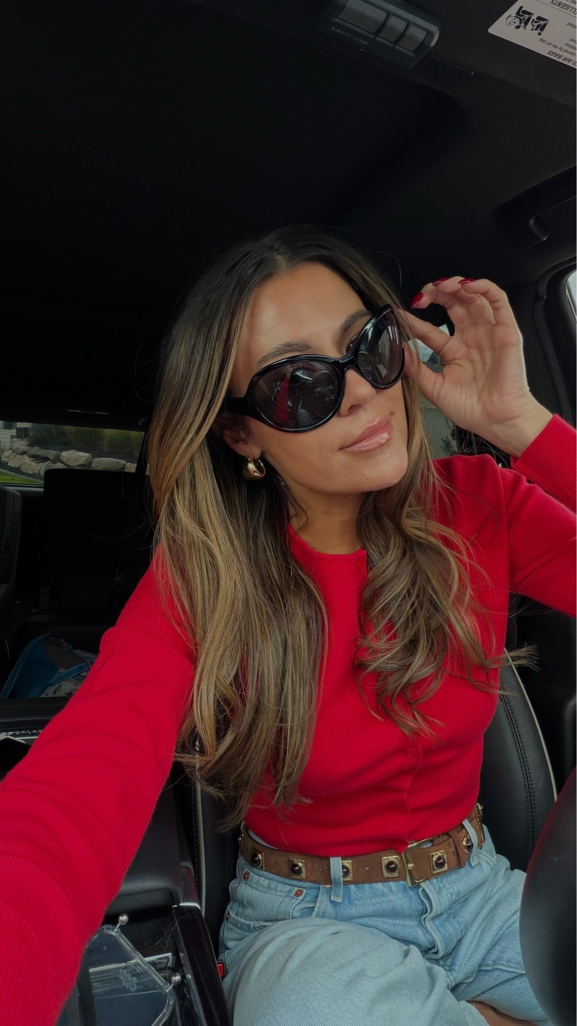 Fall outfit 🍂

Red cardigan & sunglasses from @amazon 
Studded belt on sale @Shopbop 
Light wide leg jeans from @Pistola Denim @Revolve

#LTKootd #LTKSeasonal #LTKOver40